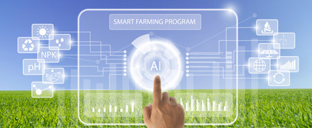 Farmer push AI button on tablet for statistics collection Analyze agricultural data with intelligent AI technology. Smart agriculture and mogern farming concept.の写真素材