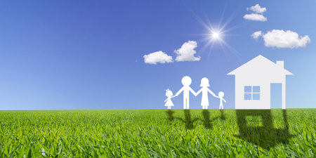 Panorama paper House and family consists of father, mother, son, daughter. on green grass with blue sky background. dream house. loan mortgage and estate concept.の写真素材