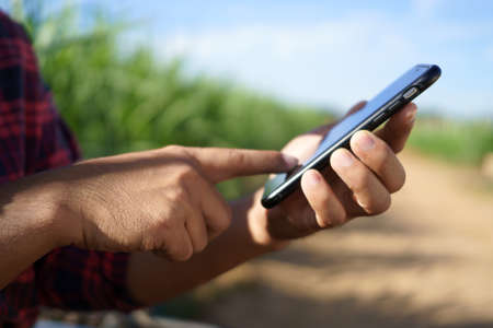 The farmer holds a smartphone and touches the screen to connect the intelligent management system within the farm. smart farmers research and market information online.の写真素材