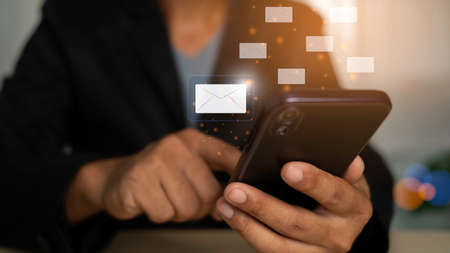 Man using smartphone for online digital payment, cyber banking for online shopping. Mobile banking network. Technology and business concept.の写真素材
