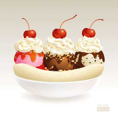 Banana Split ice cream with almondのイラスト素材