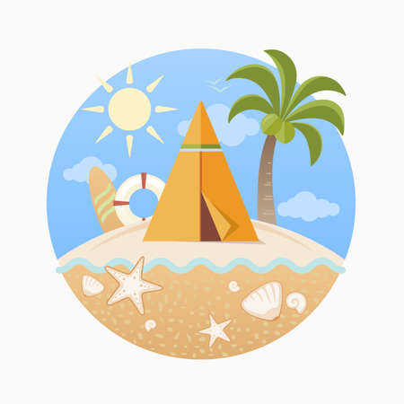 Summer icons, Tent on the beach and blue sky backgroundのイラスト素材