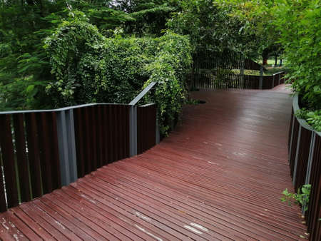 Wooden bridge pathway in Thai parkの写真素材