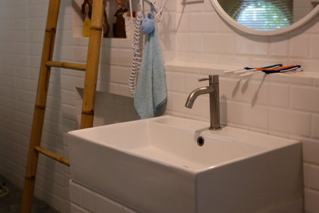 Modern White Rectangular Basin with Chrome Faucetの写真素材