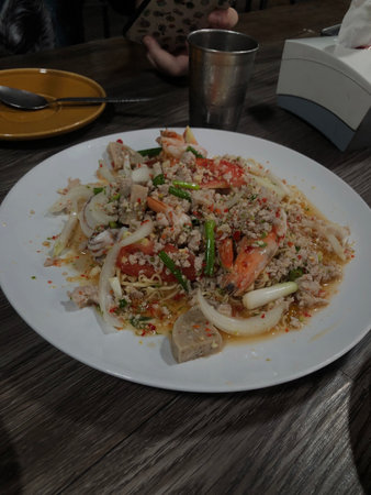 Spicy Seafood and Minced Pork Salad (Yum Woon Sen)の写真素材
