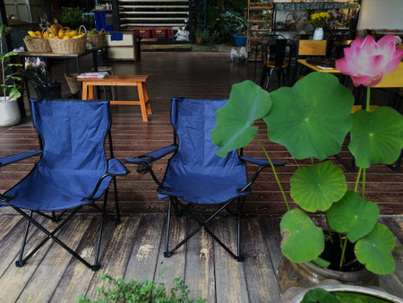 Outdoor patio with two chairs and a lotus flower in the gardenの写真素材