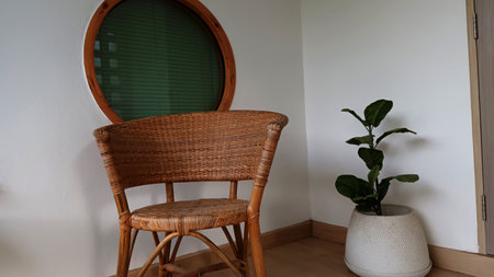 Wicker chair and plant in the corner of the room with mirrorの写真素材
