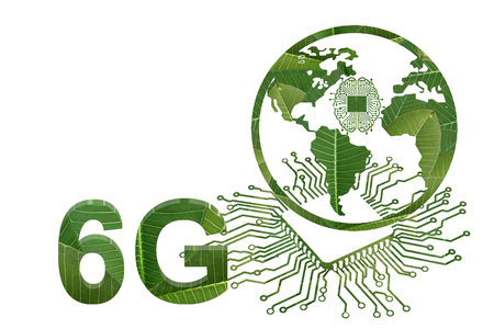 Circuit board with green leaf and word 6G on white backgroundの写真素材