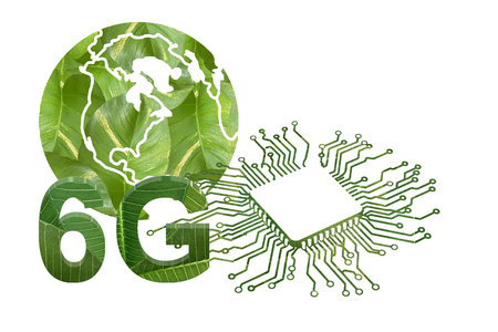 Eco technology and environment concept with green leaves and microchip on white backgroundの写真素材