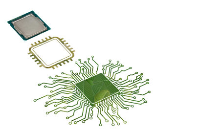 Circuit board isolated on white background. Computer processor chip with microchip.