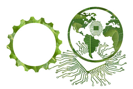 Circuit board and planet earth with green leaves. Vector illustration.の写真素材