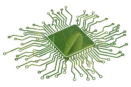 Circuit board with leaves on a white background.