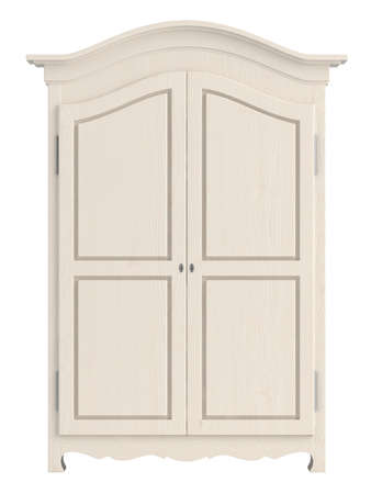 Rustic white painted wooden cupboard with a gable top isolated on whiteの写真素材