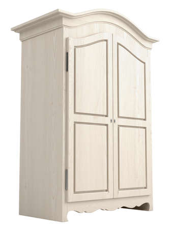 Rustic white painted wooden cupboard with a gable top isolated on whiteの写真素材