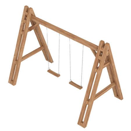 Wooden A-frame with swings to be used in a garden for the entertainment and amusement of children isolated on whiteの写真素材