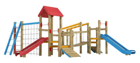 Wooden childrens playground apparatus with slides, climbing frames and walkway isolated on whiteの写真素材