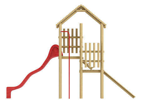 Wooden frame with steps and a ramp leading to a colourful red slide for use in a childs playground isolated on whiteの写真素材