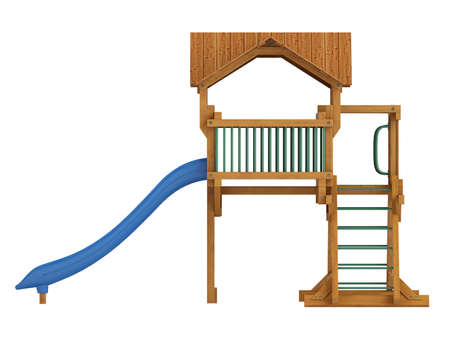 Covered wooden platform and slide with ladders for kids to scramble up while playing in a playground isolated on a white backgroundの写真素材