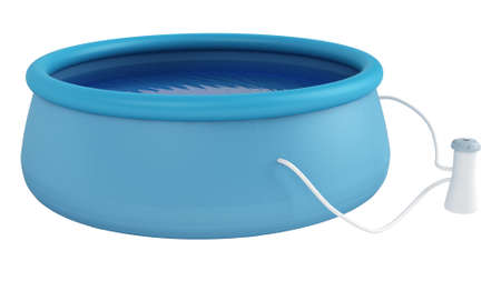Childs blue plastic swimming pool filled with water and with an attached filter isolated on whiteの写真素材