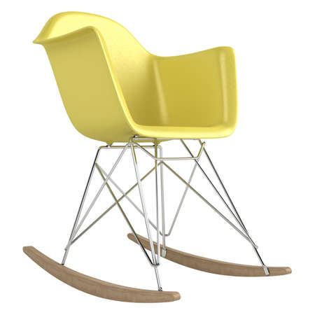 Innovative rocking chair design with a modular seat , metal frame and wooden rockers isolated on a white bckgroundの写真素材