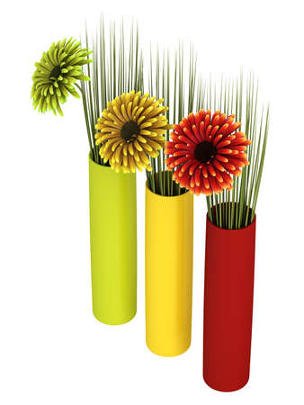 Three ornamental gerbera daisies in red, yellow and green with matching cylindrical containers, isolated on whiteの写真素材