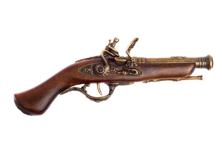 Old-fashioned wooden gun isolated overwhite backgroundの写真素材