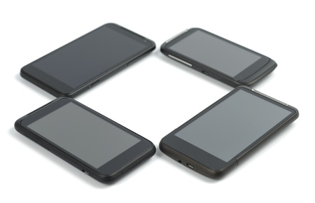 Four black communicators make diamond-shaped frame isolated over white backgroundの写真素材