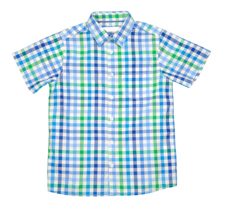 Checked colored t-shirt for boy isolated with clipping path over white backgroundの写真素材