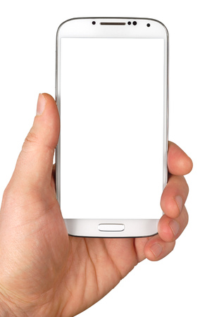Male hand with white smartphone isolated over white background. Clipping path included.の写真素材