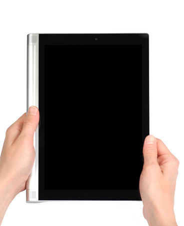 Female hands with Tablet PC pad isolated woth clipping path on white backgroundの写真素材