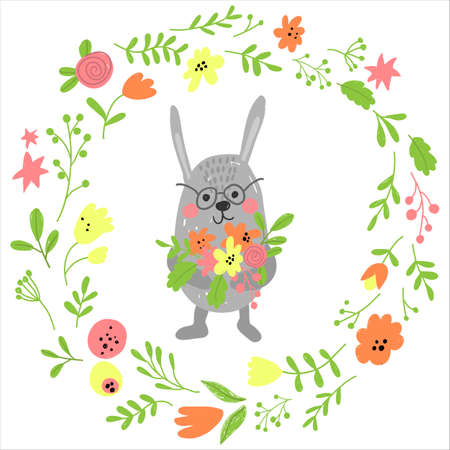 Template greeting card or invitation with rabbit and flowersのイラスト素材