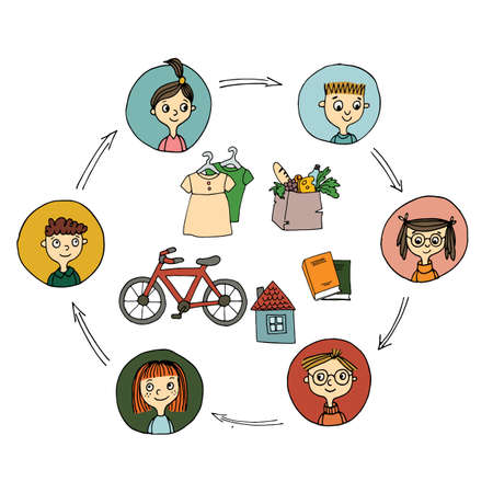 Sharing economy and smart consumption concept. Vector illustration in cartoon style. People save...