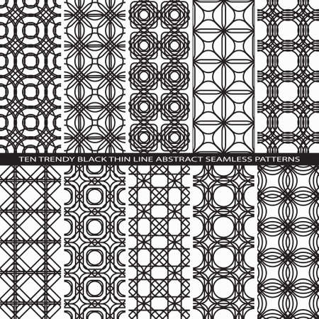 Set of Trendy Vintage Black Thin Line Seamless Pattern Backgrounds with Flower Elements All Present as Endless Texture in Swatch Panel, Linear Design, Easily Editableのイラスト素材