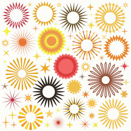 Vector Suns Set. Vintage, retro and modern sun icons, stars and frames with rays in flat and contour design. Pointing hands sunbeams and arrows. Elements for summer holiday cards or greetingsのイラスト素材