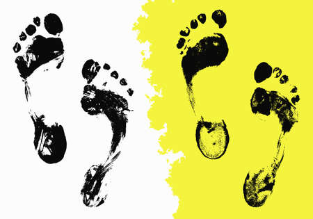 Vector Black Foot Imprints Set. Grunge isolated trace on white background for your design. Distress painted texture, abstract backgroundのイラスト素材