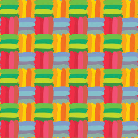 Colorful Check Seamless Pattern. Woven fabric painted texture, rainbow colors. Sunny vector summer design. Brush strokes for business card, brochure, website template, greeting, gift paper, textileのイラスト素材