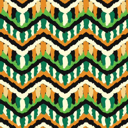 Vector hippie contrast seamless pattern, brush strokes. Ethnic tribal zigzag background, boho design of 70s. Hand painted texture, vibrant colors. For gift paper, birthday card, textile fabric print.のイラスト素材
