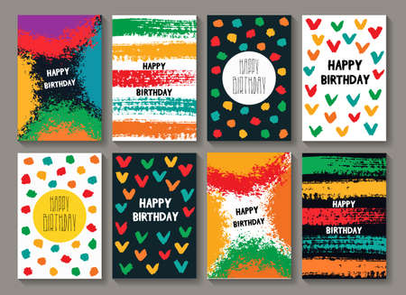 Painted Birthday Card Templates. Funny Colorful Postcards with textured grungy brush strokes and words. Can be posters, banners. Unusual paper set.のイラスト素材