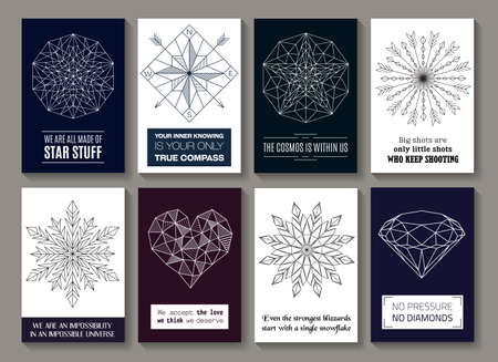 Vector motivational quotes on cards with images of star, compass, round ornament with arrows,...