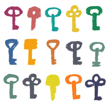 Vector Brush Strokes Keys Set. Paint texture, grunge design. Funny colorful design elements. Unlock icon, password symbol, account log in sign. Painted keys isolated on white. Hand drawn key image.のイラスト素材