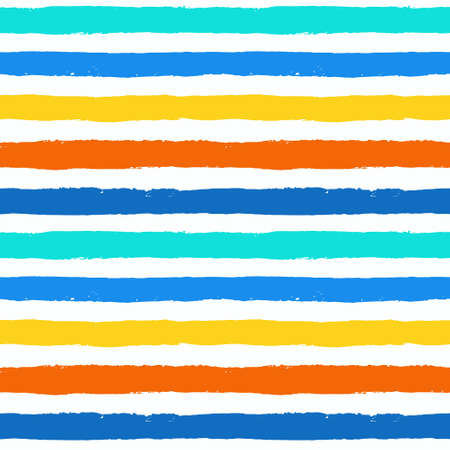 Vector Brush Stroke Textured Seamless Pattern. Colorful striped pattern, painted background. Brush stroke texture. Horizontal lines design. Vibrant colors of blue, orange, yellow, white. Grunge styleのイラスト素材