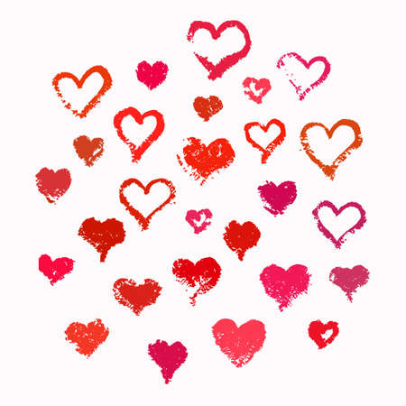 Vector Brush Strokes Hearts Set. Paint texture, grunge design. Outline shape, funny design elements. For valentine card, greeting, banner, sticker. Hand drawn romantic background for valentine card.のイラスト素材