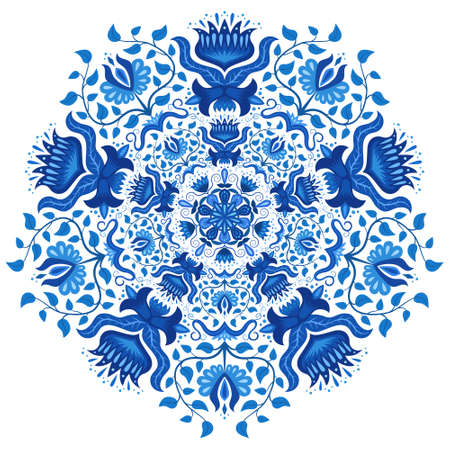 Round ornament in gzhel style. Blue and white circle hand drawn background. Oriental traditional ornament. Ethnic Indian, Islamic, Asian, ottoman, russian motif. Mandala gzhel. Vector illustrationのイラスト素材