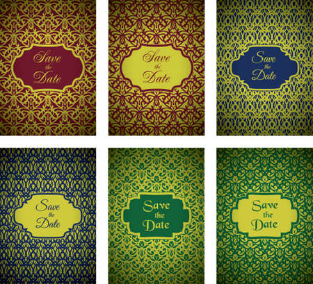 Set of luxury cards with royal pattern of golden color plus dark red, green and blue backgrounds. Abstract floral pattern and frames for text. Set of vector greetings, invitations, save the date cardsのイラスト素材