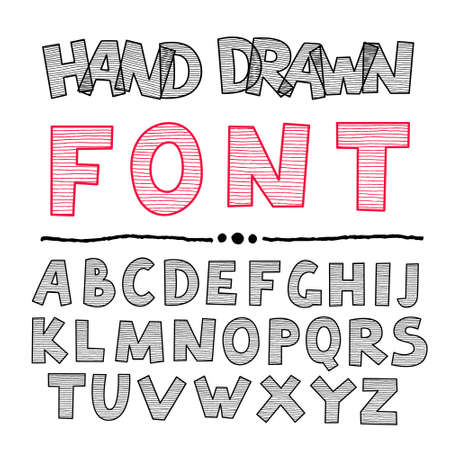 Hand written font. Hand drawn sans serif type. Black lined alphabet on white background. Isolated vector font. Hand written font. Cute font for your design. Black alphabet on white background.のイラスト素材