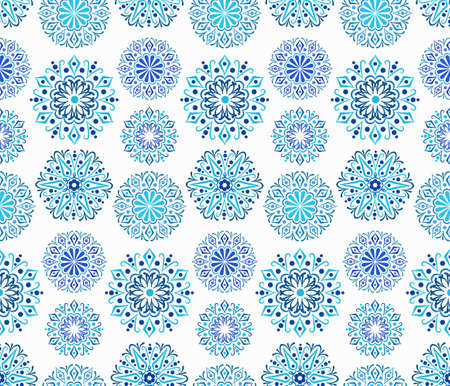 Intricate Indigo Round Pattern. Traditional Persian seamless pattern. Round ornaments from blue mandalas with floral elements. Blue white flower design. Hippie, boho chic. Vector fashionable fabric.のイラスト素材