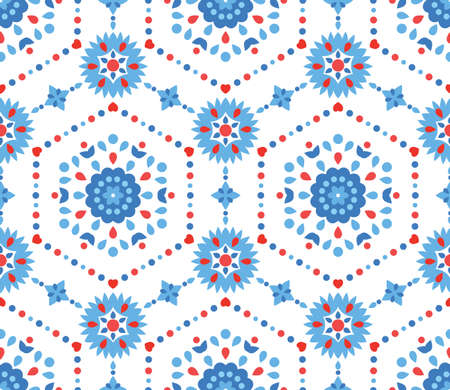 Intricate Blue and Red Floral Pattern with Cornflower. Bright funny pattern with flowers, hearts and...