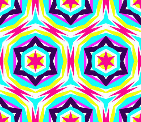 Kaleidoscope Abstract Flower Pattern. Vibrant geometric background. Fashionable graphic print. Decorative star flowers. Neon colors, psychedelic design. Colorful geometric ornament. Vector background.のイラスト素材