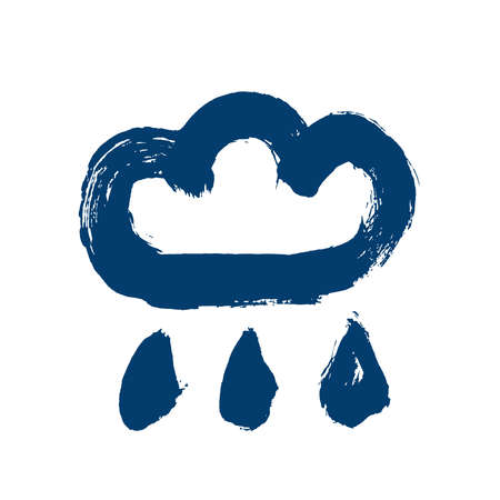 Painted weather icon. Dark blue cloud with drops of rain. Brush strokes distress texture. Vector icon of weather.  Isolated on white background.のイラスト素材