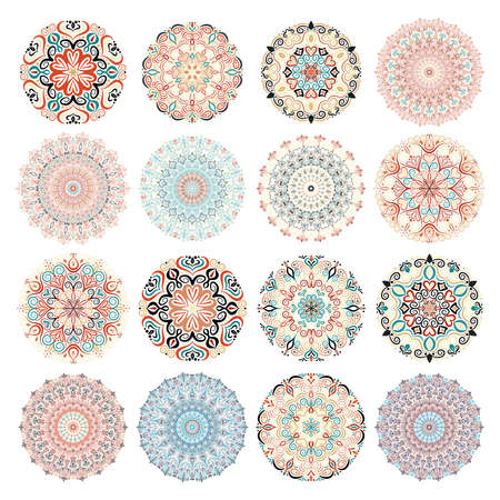 Isolated Mandala Patterns set. Colorful round ornaments. Floral templates for your design. Flower design elements. Intricate mandala patterns for meditation, yoga, relax, tattoos, invitations design.のイラスト素材